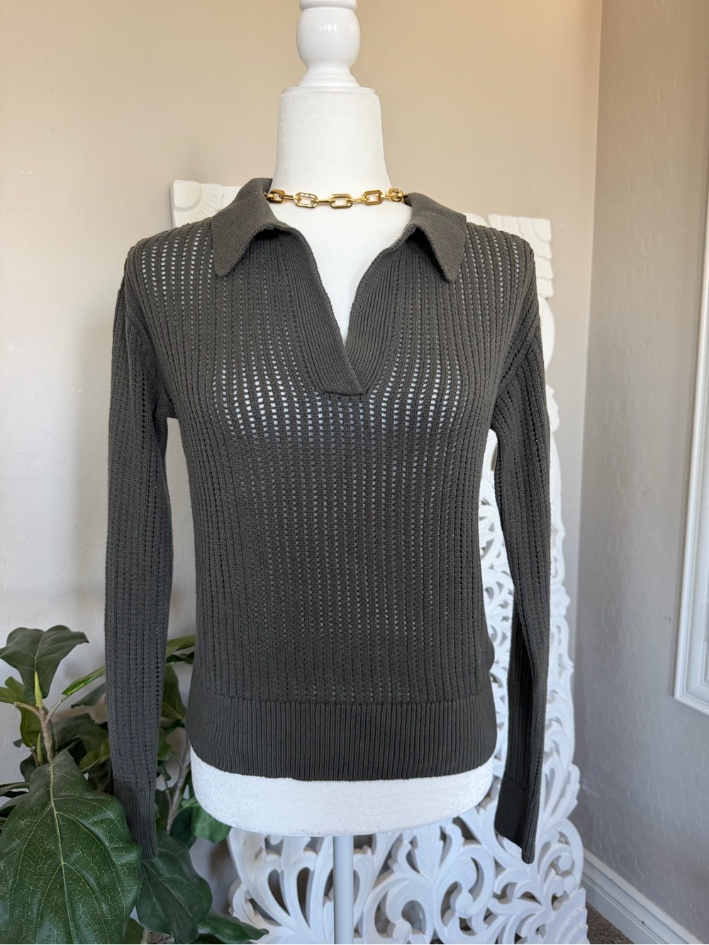 Caslon Olive Green Open-Knit Collared V-Neck Sweater